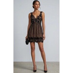 Jovani Black Lace Beaded Rhinestone Illusion Mini Dress Women 6 Evening Designer